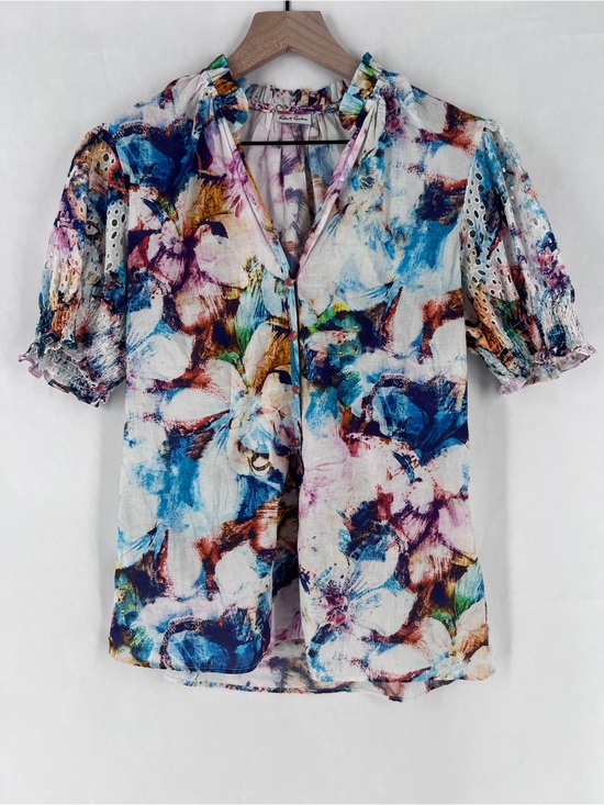 Robert Graham Tops - Robert Graham Floral Watercolor Eyelet Puff Sleeve Blouse Multicolor Size M